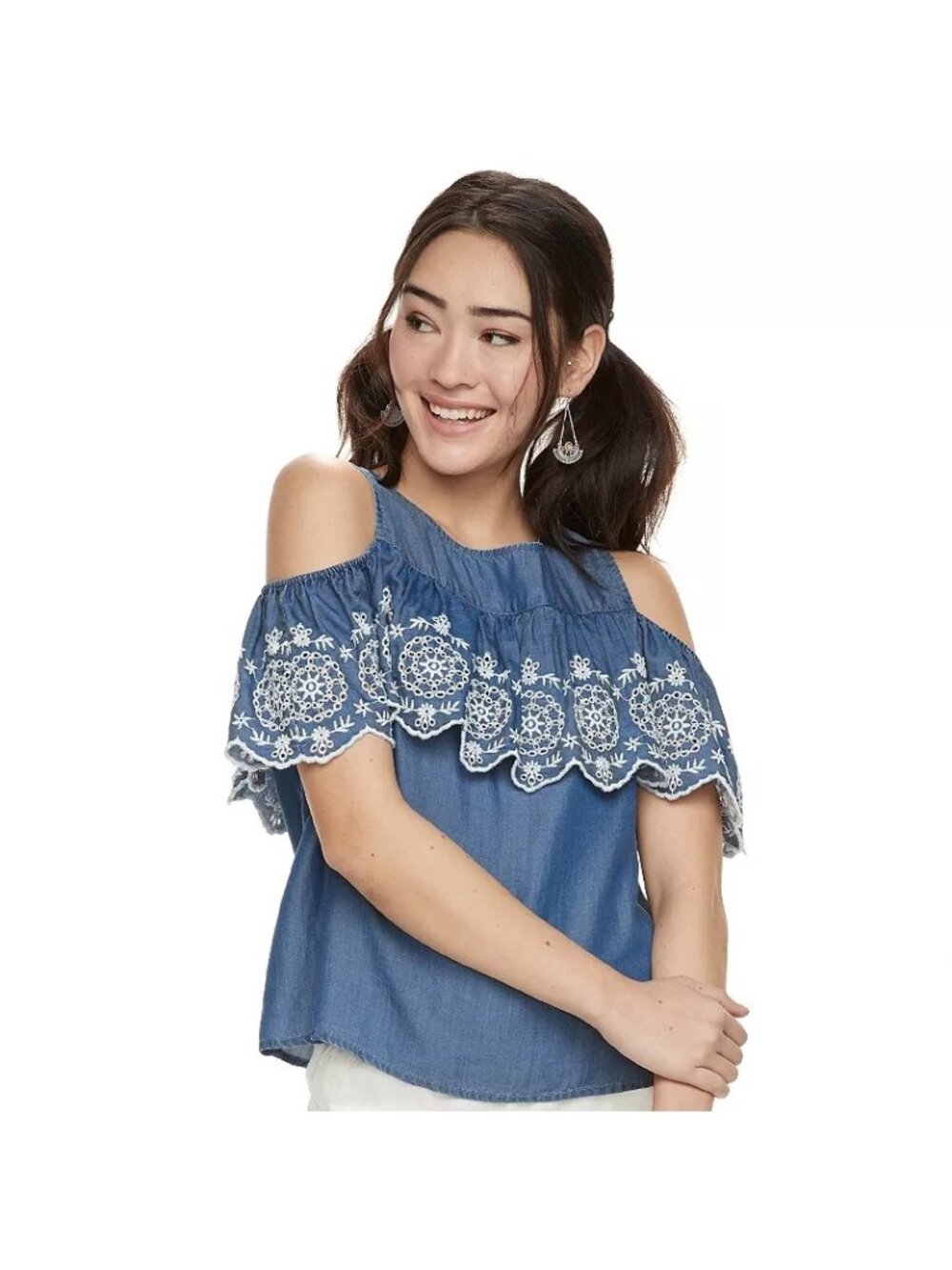SO Blouse Small Ruffle Cold Shoulder Top Embroidered Eyelet Chambray Boho NEW